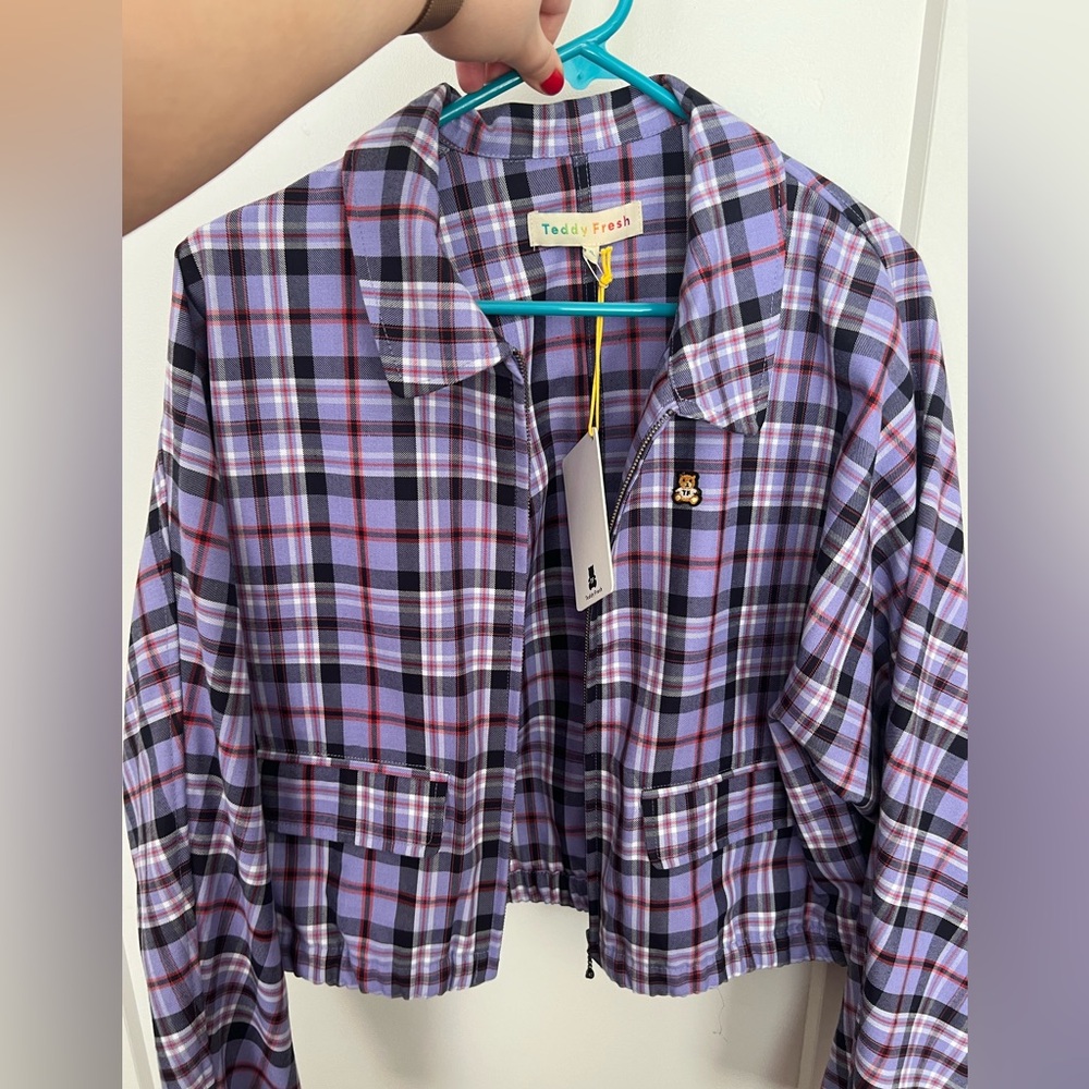 NWT Teddy Fresh Purple plaid zip front cropped jacket Size XL SOLD OUT